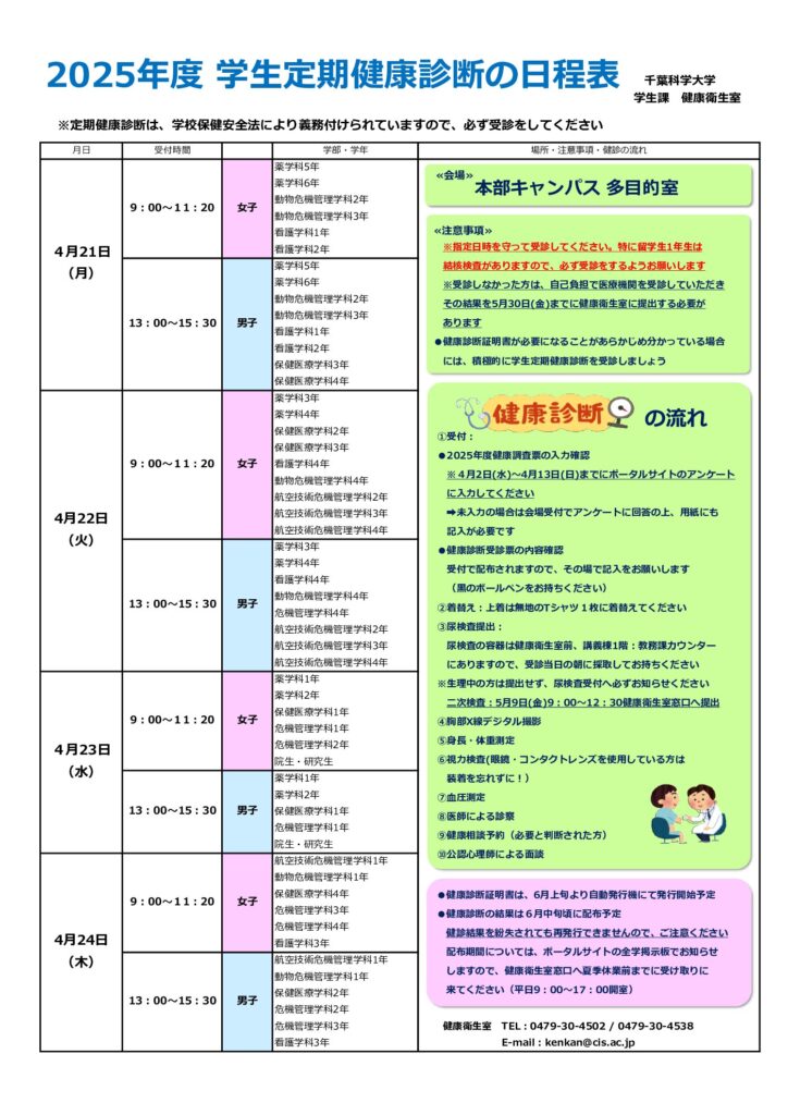 ～定期健康診断のお知らせ / 持ち物の案内～