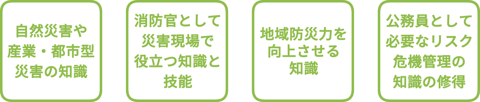 自然災害や産業・都市型災害の知識、消防官として災害現場で役立つ知識と技能、地域防災力を向上させる知識、公務員として必要なリスク危機管理の知識の修得