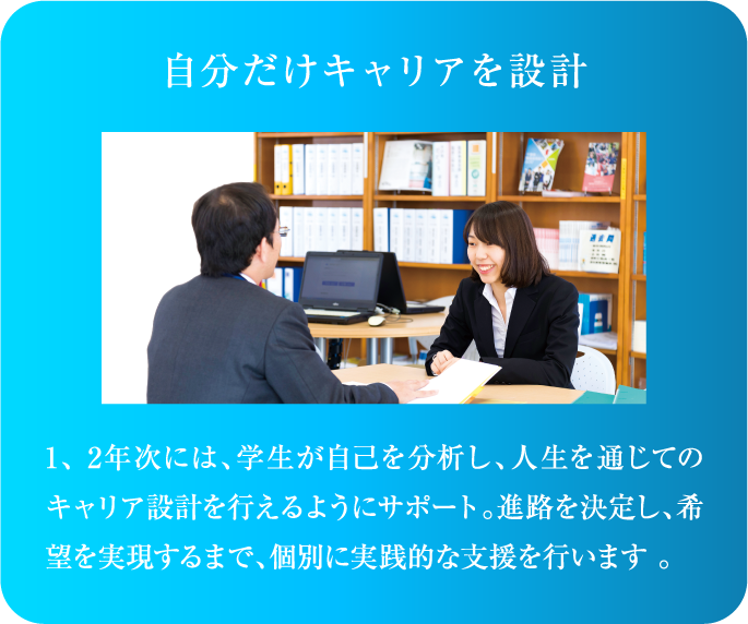 自分だけキャリアを設計　1、2年次には、学生が自己を分析し、人生を通じてのキャリア設計を行えるようにサポート。進路を決定し、希望を実現するまで、個別に実践的な支援を行います。